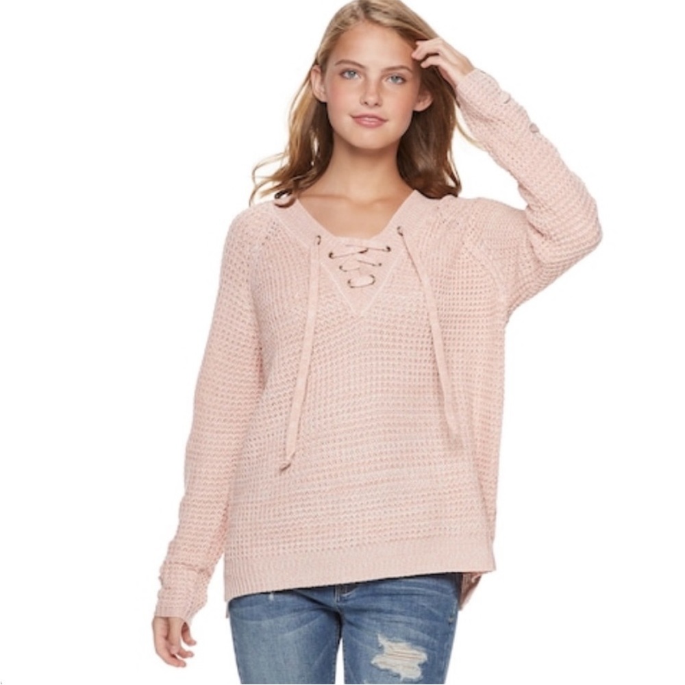 It's Our Time Juniors' Pink Lace-Up Sweater Sz XL